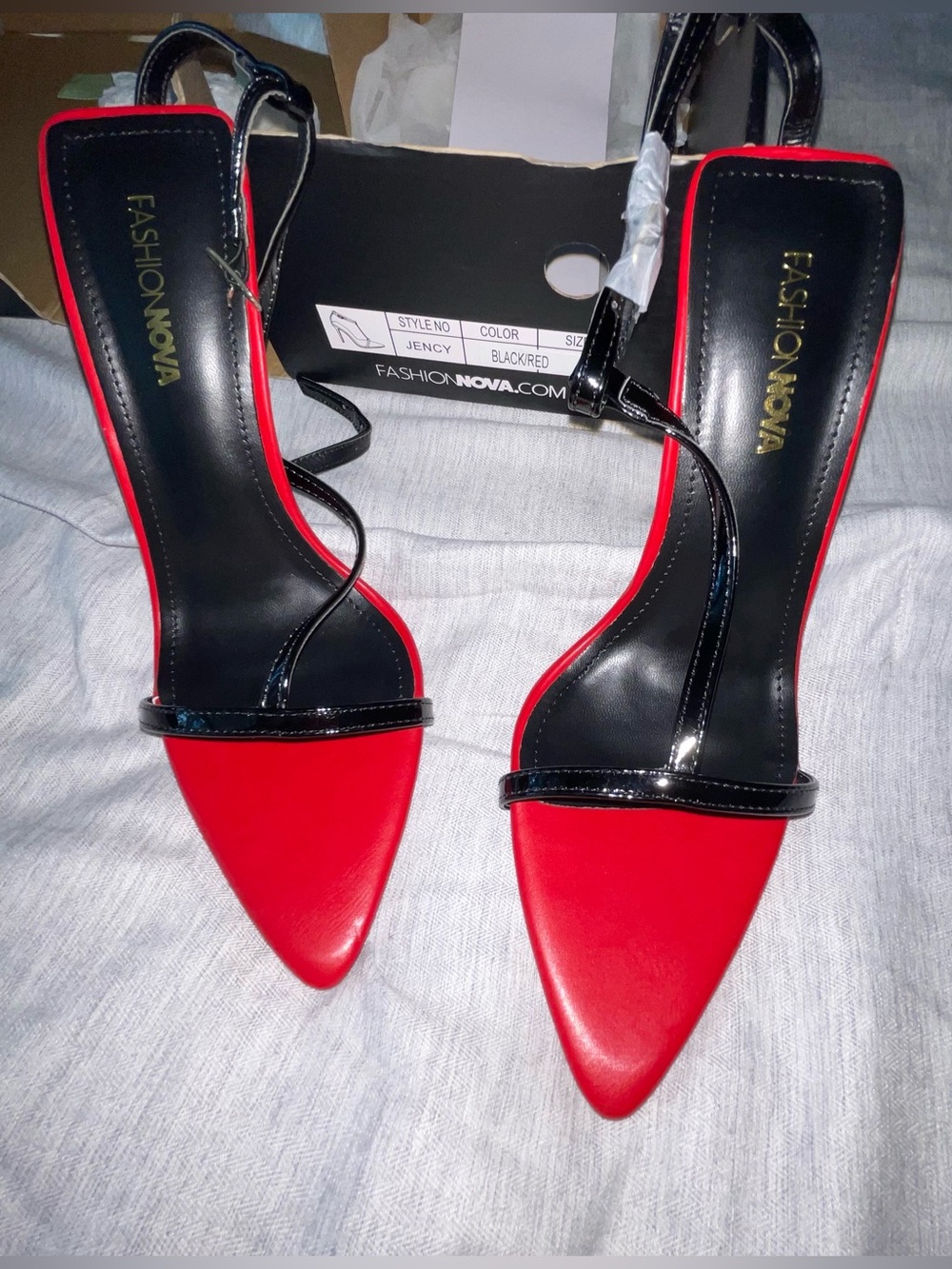 Fashion Nova Red and Black Pointed-Strap Stiletto Heels